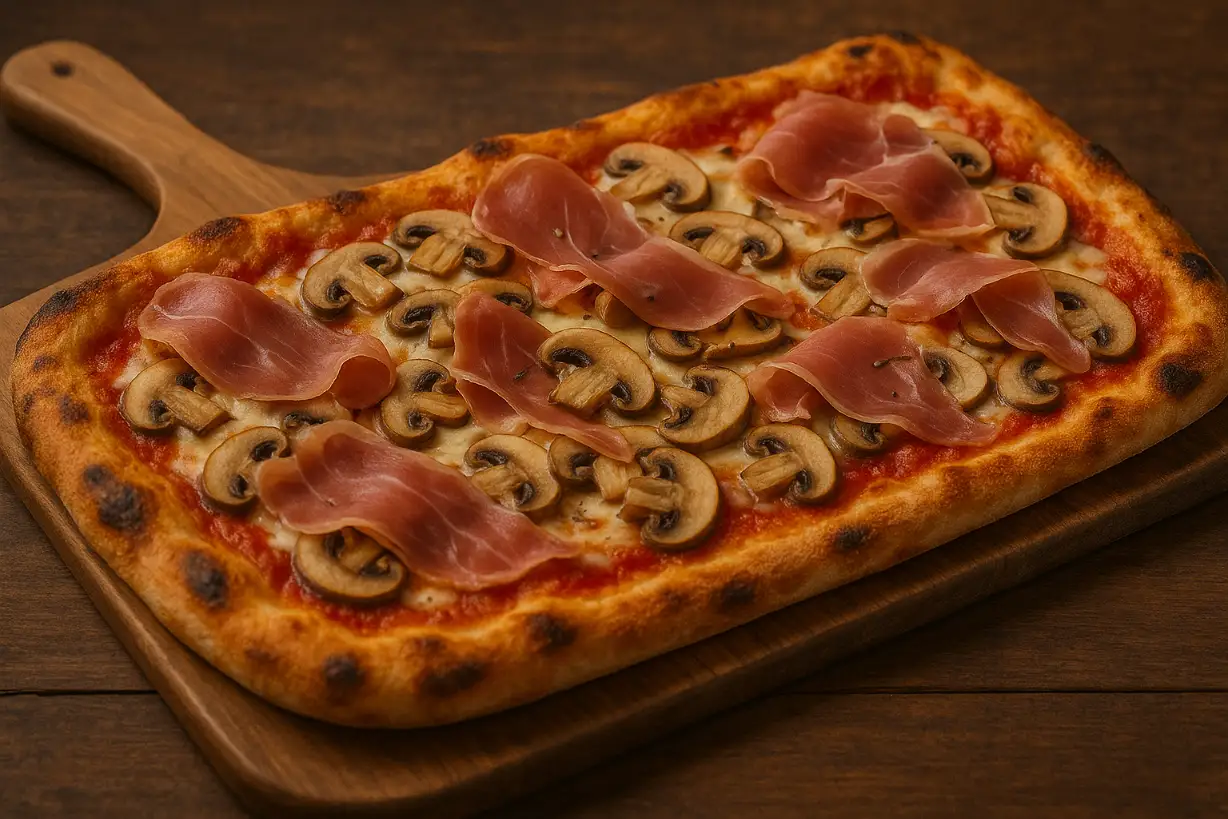 Pizza alla Pala Prosciutto e Funghi  Rooma stiilis klassika